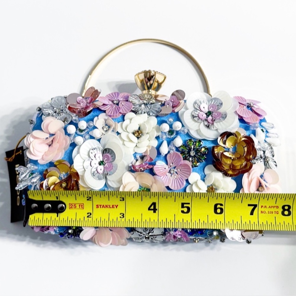 Bebe Blue Satin Floral Embellished Daisy Clutch w/ Chain Strap | NWT - Picture 13 of 14